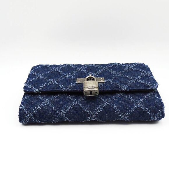 KURT GEIGER Mini Brixton Blue Denim Fabric Quilted Chain Wallet - Picture 4 of 6